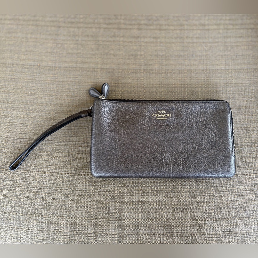 Coach Metallic Gunmetal Gray Leather Wristlet